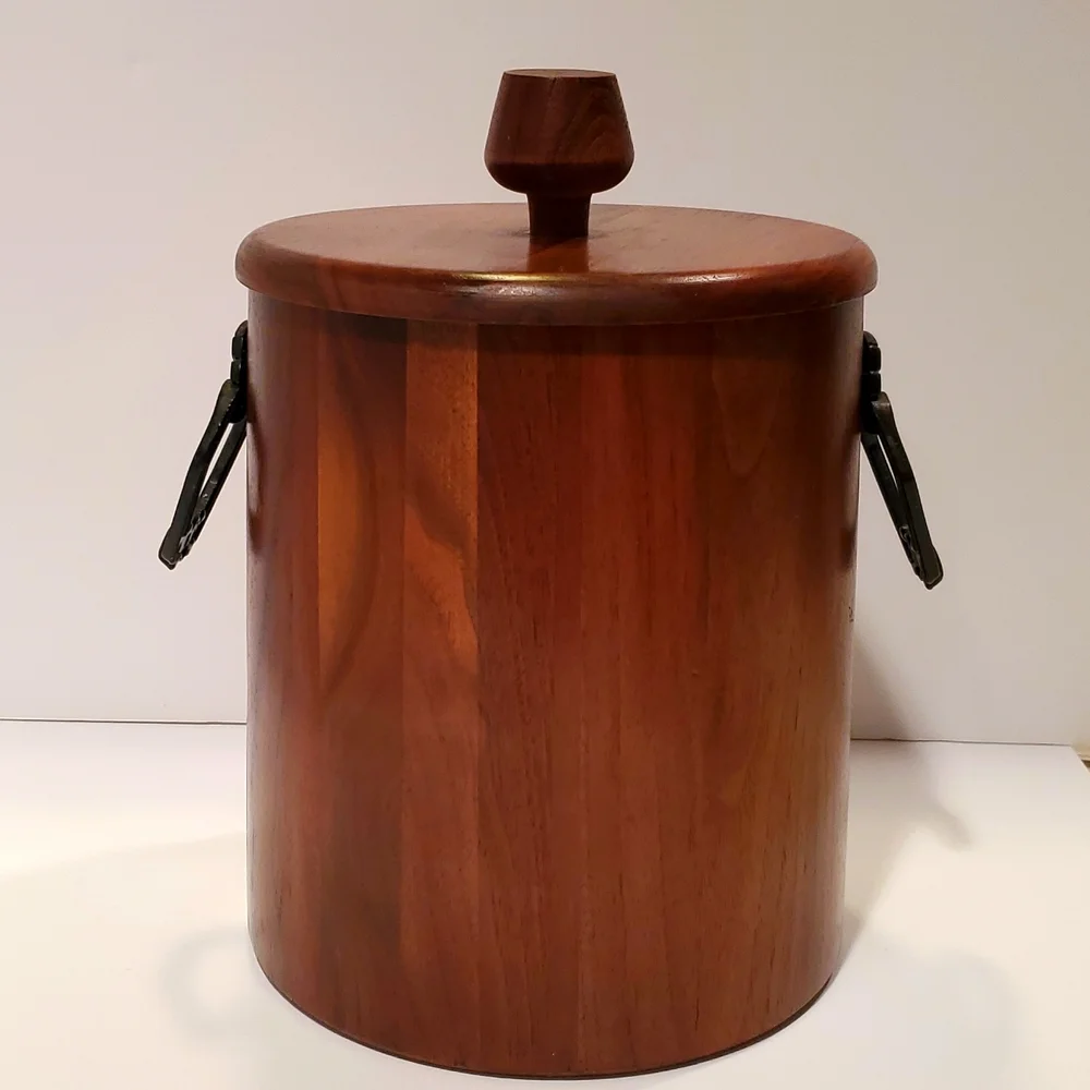 Vintage Vermillion Wooden Solid Walnut Ice Bucket With Plastic Liner MCM